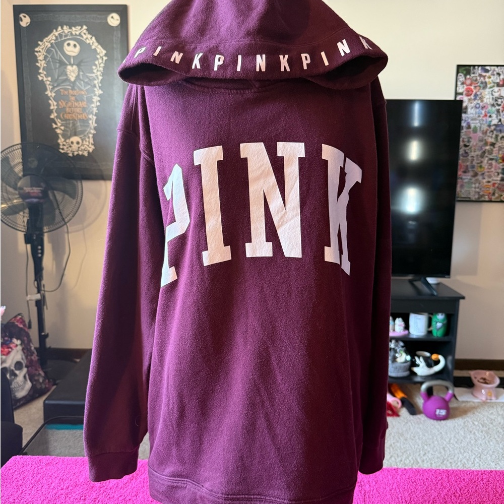 Victoria's Secret PINK Maroon/Burgundy Hoodie with White Logo Trim